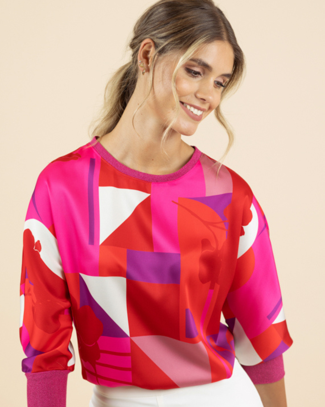 Ella – Silky Print Top with Contrast Cuff  - Pink