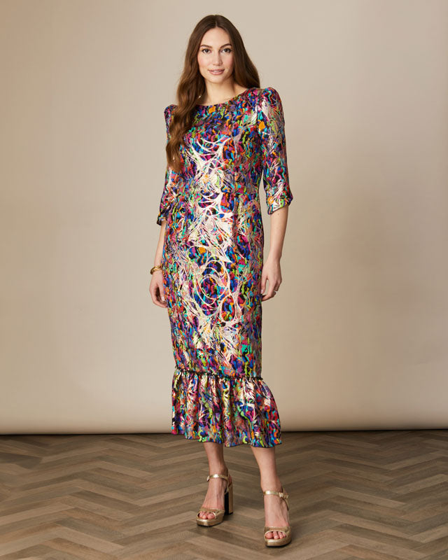 Fee G Maria-puff sleeve lurex dress
