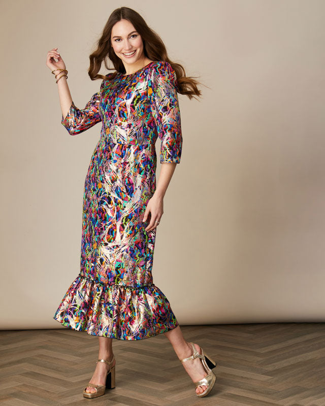 Fee G Maria-puff sleeve lurex dress