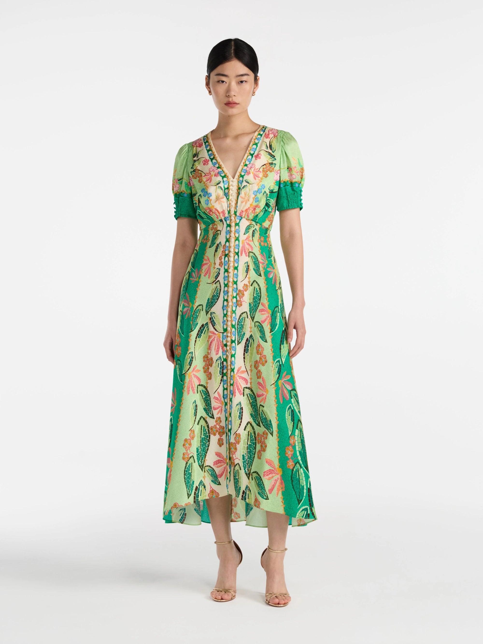 Saloni Lea long dress in green terrazzo ground