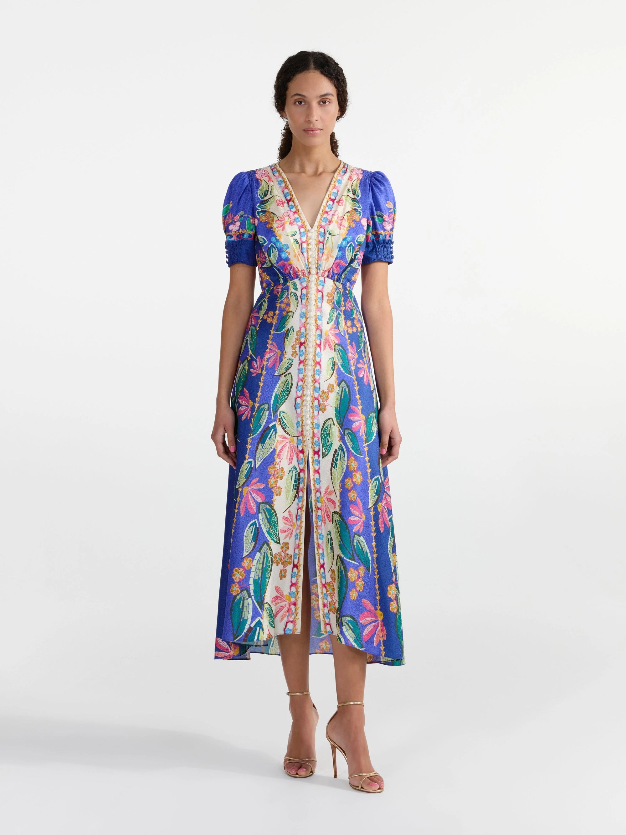 Saloni Lea Long dress in terrazzo azure plant