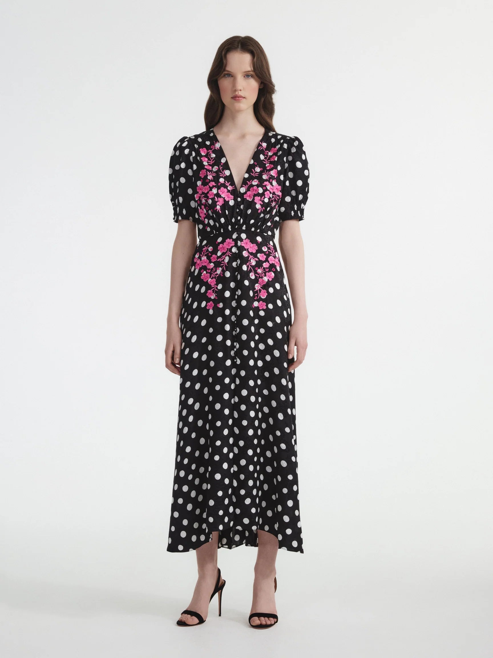 Saloni Lea Long Dress in Polka Dot Flower Embroidery